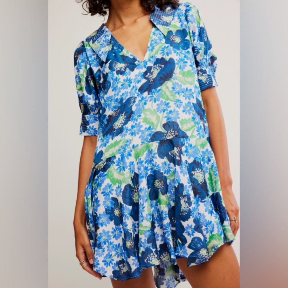 Free People Moon Chaser Mini Dress In Bright Blue Combo
